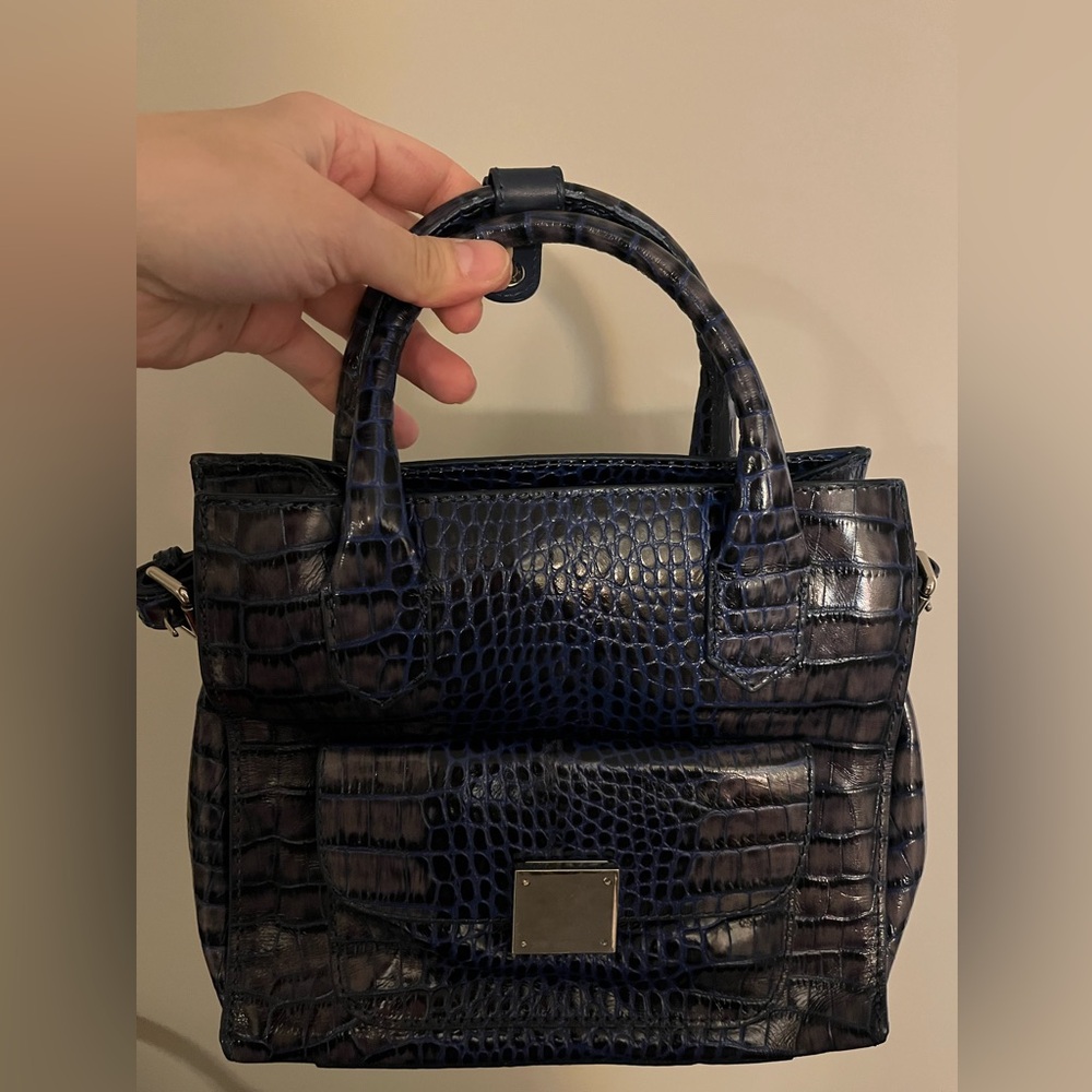 Elegant Blue Crocodile-Embossed Handbag